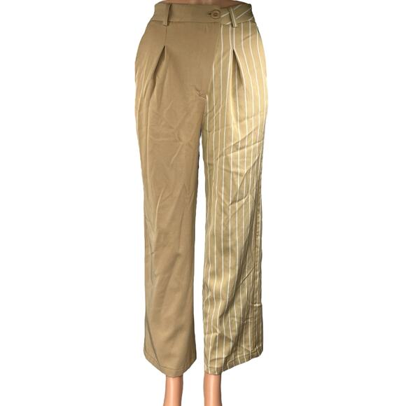 PrettyLittleThing Pants - PrettyLittleThing Tan Khaki Beige Striped Patchwork Trouser Dress Pants Size 2